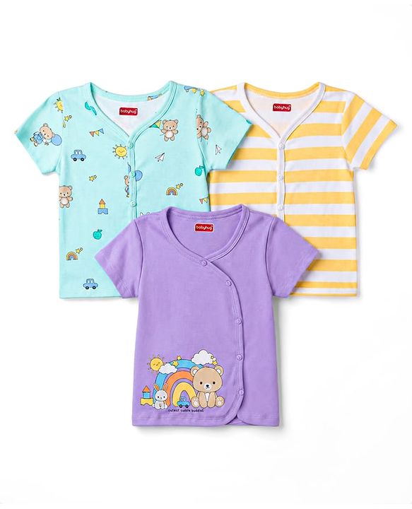 Babyhug 100% Cotton Interlock Knit Half Sleeves  Antibacterial Jhablas With Bear Print Pack of 3 - Multicolor