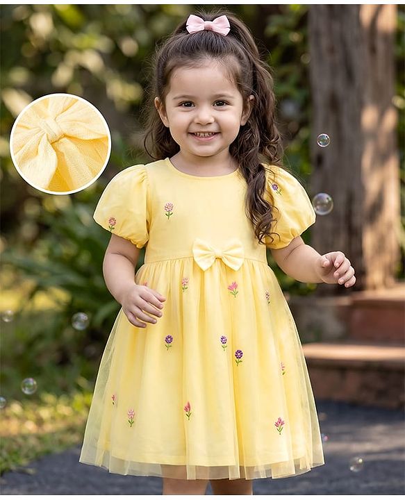 Babyhug Mesh Woven Half Sleeves Floral Embroidered Frock With Bow Applique - Yellow