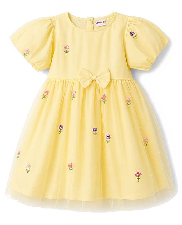Babyhug Mesh Woven Half Sleeves Floral Embroidered Frock With Bow Applique - Yellow