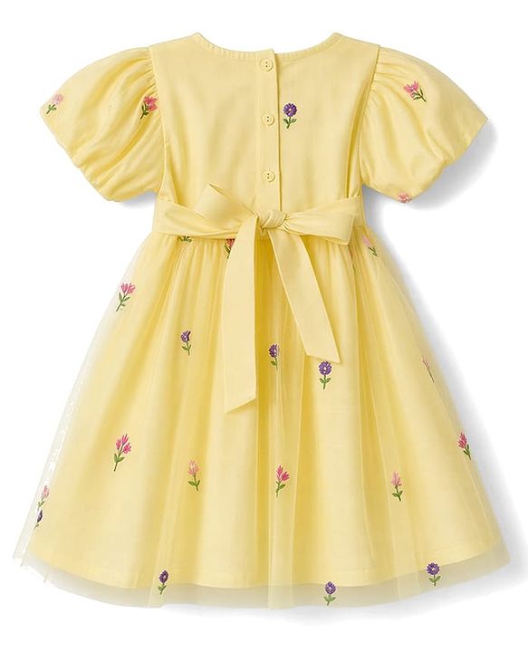 Babyhug Mesh Woven Half Sleeves Floral Embroidered Frock With Bow Applique - Yellow