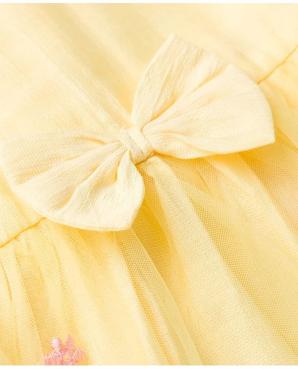 Babyhug Mesh Woven Half Sleeves Floral Embroidered Frock With Bow Applique - Yellow