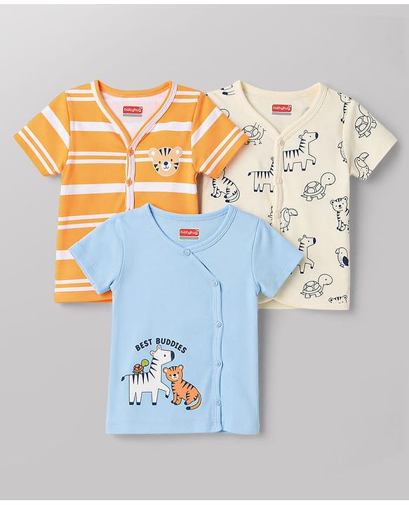 Babyhug 100% Cotton Knit Antibacterial Half Sleeves Jhablas with Zebra & Tiger Print Pack of 3 - Multicolor