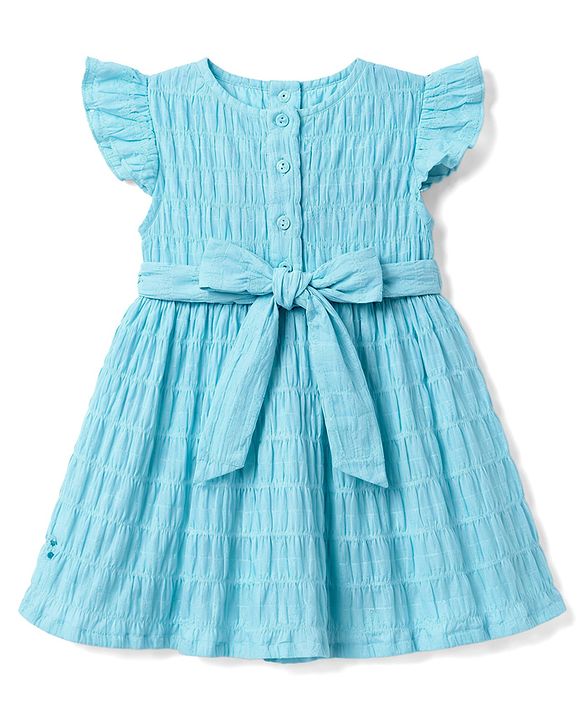Babyhug Cotton Woven Frill Sleeves Solid Textured Frock With Lace Detailing - Light Blue