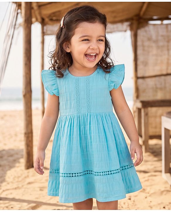 Babyhug Cotton Woven Frill Sleeves Solid Textured Frock With Lace Detailing - Light Blue