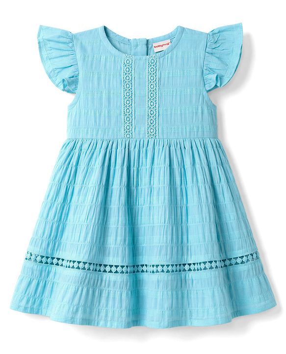 Babyhug Cotton Woven Frill Sleeves Solid Textured Frock With Lace Detailing - Light Blue
