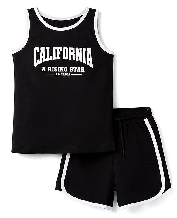 Pine Kids Cotton Knit Sleeveless T-Shirt & Shorts Set with California Print - Black