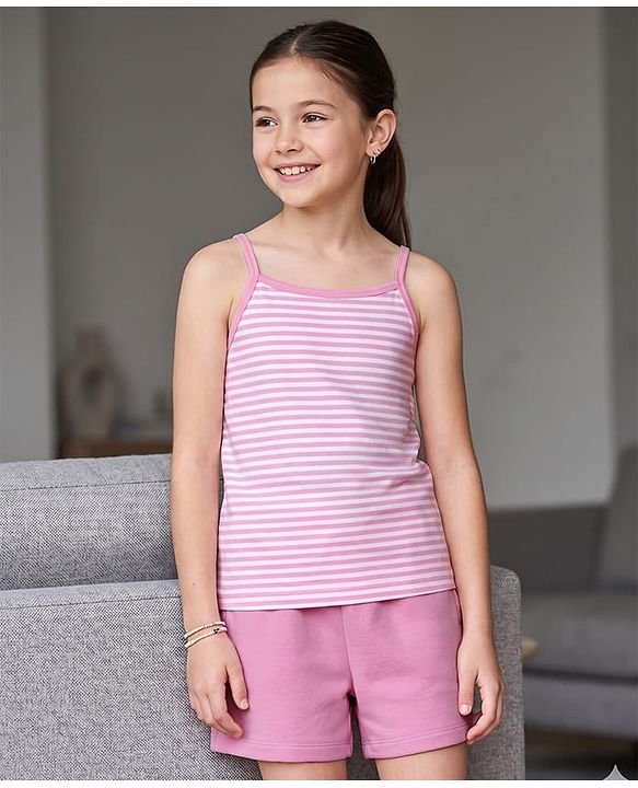 Pine Kids Cotton Knit Sleeveless Striped Top & Shorts Set - Pink