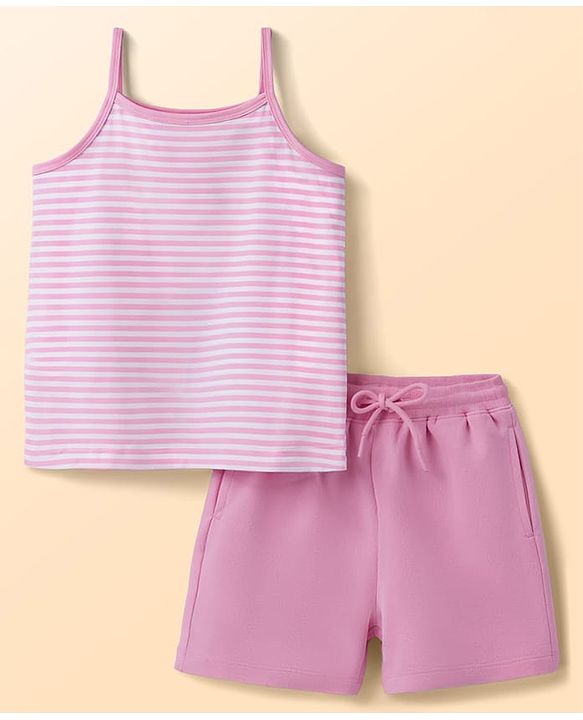 Pine Kids Cotton Knit Sleeveless Striped Top & Shorts Set - Pink