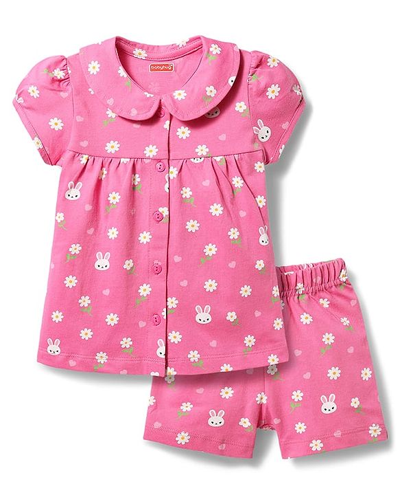 Babyhug Cotton Knit Half Sleeves Shirt & Shorts Co-ord Night Suit with Floral Print - Pink