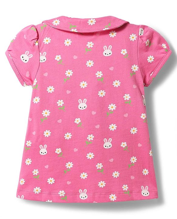 Babyhug Cotton Knit Half Sleeves Shirt & Shorts Co-ord Night Suit with Floral Print - Pink