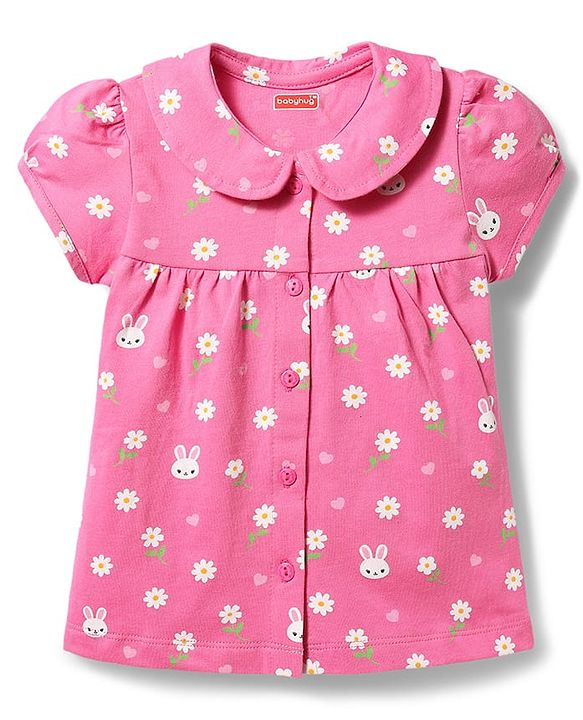 Babyhug Cotton Knit Half Sleeves Shirt & Shorts Co-ord Night Suit with Floral Print - Pink