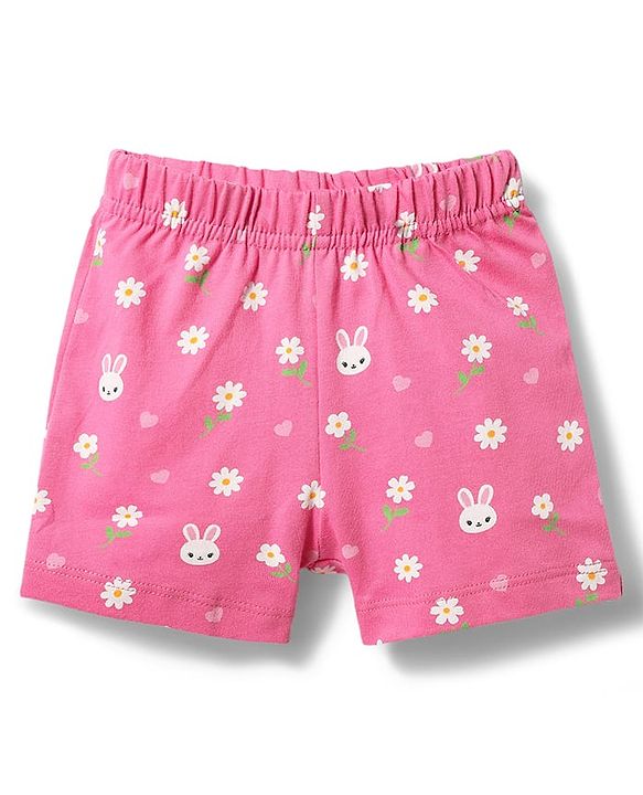 Babyhug Cotton Knit Half Sleeves Shirt & Shorts Co-ord Night Suit with Floral Print - Pink