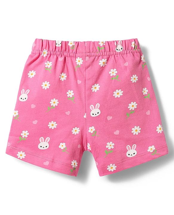 Babyhug Cotton Knit Half Sleeves Shirt & Shorts Co-ord Night Suit with Floral Print - Pink