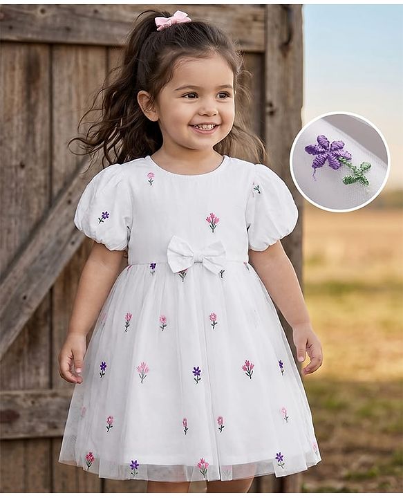 Babyhug Mesh Knit half Sleeves Floral Embroidered Frock With Bow Applique - White