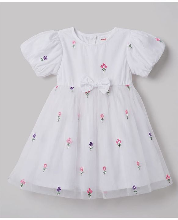 Babyhug Mesh Knit half Sleeves Floral Embroidered Frock With Bow Applique - White