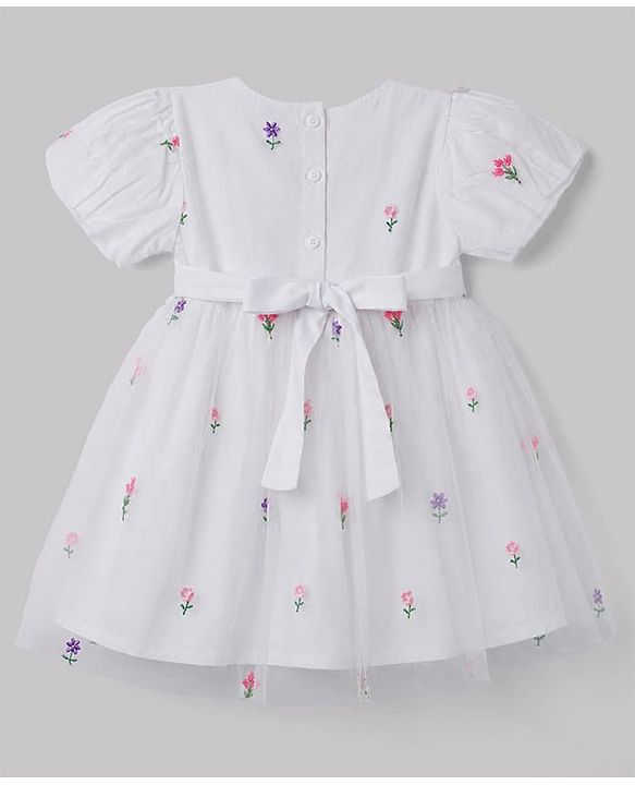Babyhug Mesh Knit half Sleeves Floral Embroidered Frock With Bow Applique - White