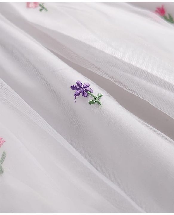 Babyhug Mesh Knit half Sleeves Floral Embroidered Frock With Bow Applique - White
