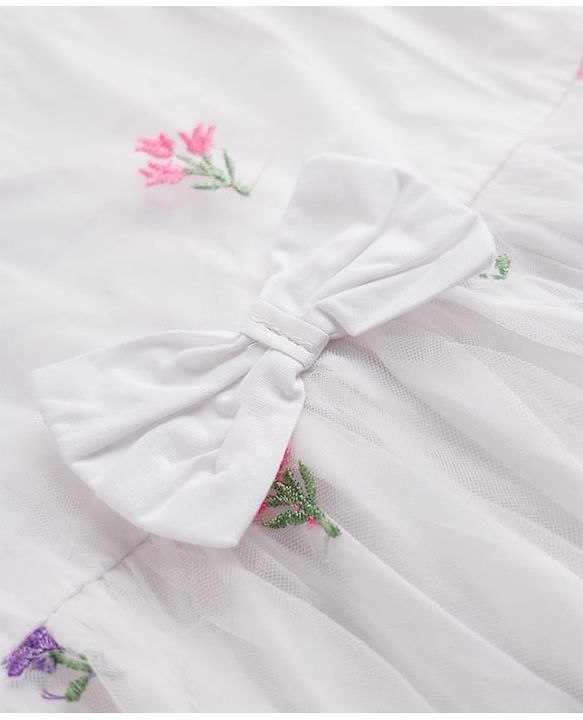 Babyhug Mesh Knit half Sleeves Floral Embroidered Frock With Bow Applique - White