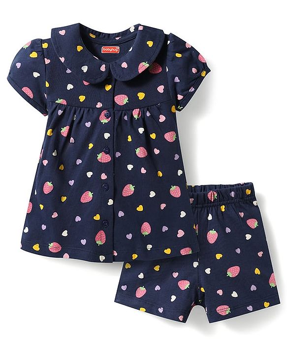 Babyhug Cotton Knit Half Sleeves Strawberry & Hearts Printed Co-Ords Top & Shorts Night Suit - Navy Blue