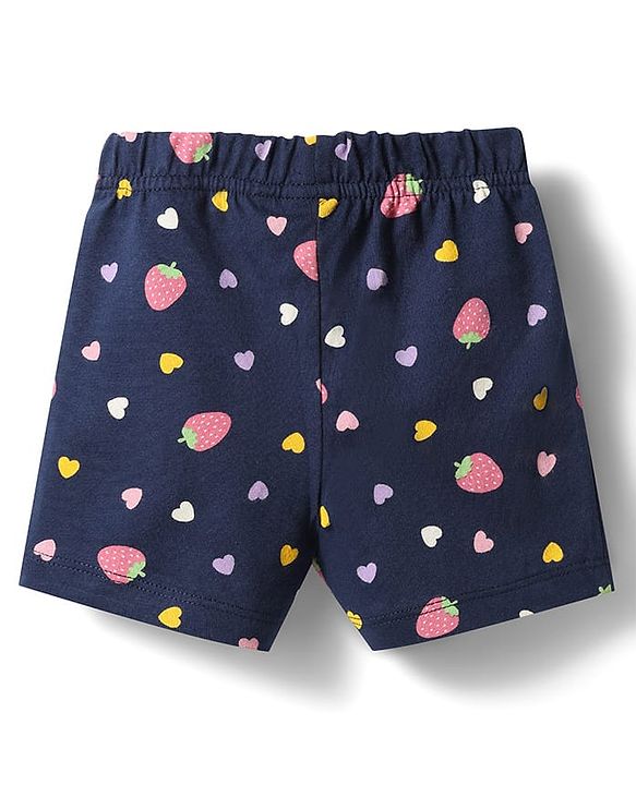 Babyhug Cotton Knit Half Sleeves Strawberry & Hearts Printed Co-Ords Top & Shorts Night Suit - Navy Blue