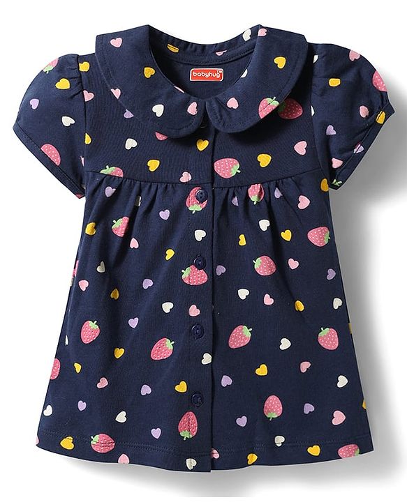 Babyhug Cotton Knit Half Sleeves Strawberry & Hearts Printed Co-Ords Top & Shorts Night Suit - Navy Blue