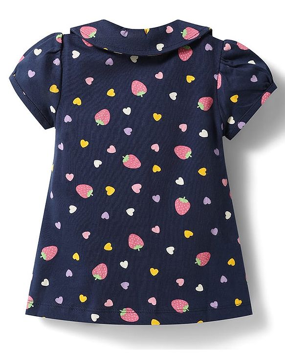 Babyhug Cotton Knit Half Sleeves Strawberry & Hearts Printed Co-Ords Top & Shorts Night Suit - Navy Blue