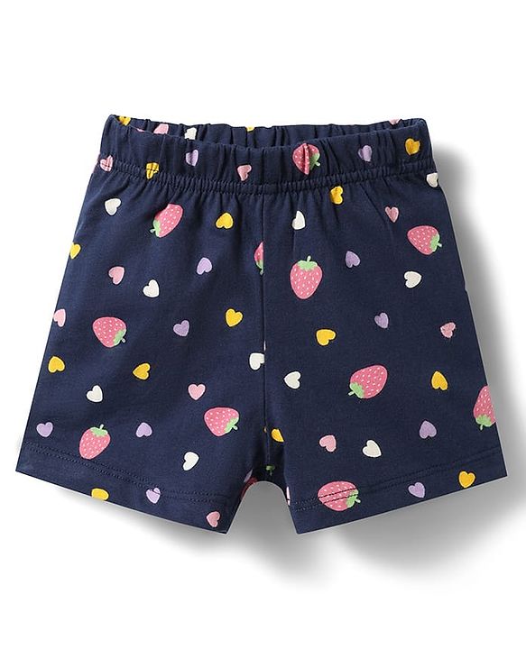 Babyhug Cotton Knit Half Sleeves Strawberry & Hearts Printed Co-Ords Top & Shorts Night Suit - Navy Blue