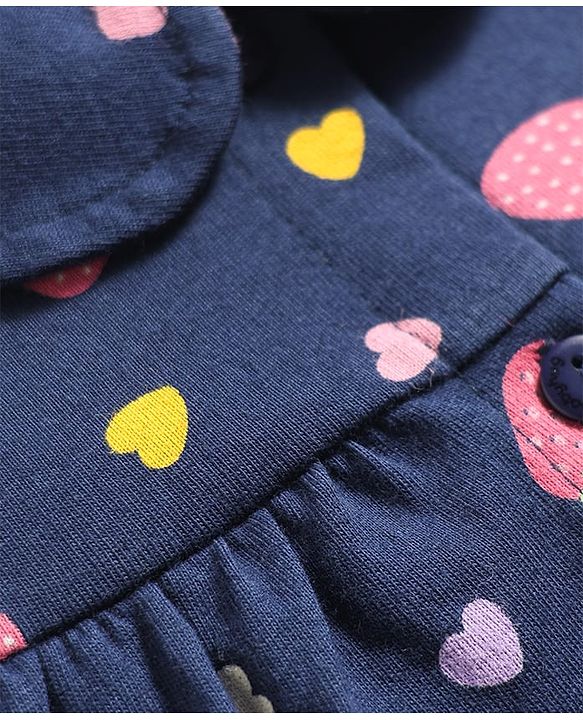 Babyhug Cotton Knit Half Sleeves Strawberry & Hearts Printed Co-Ords Top & Shorts Night Suit - Navy Blue