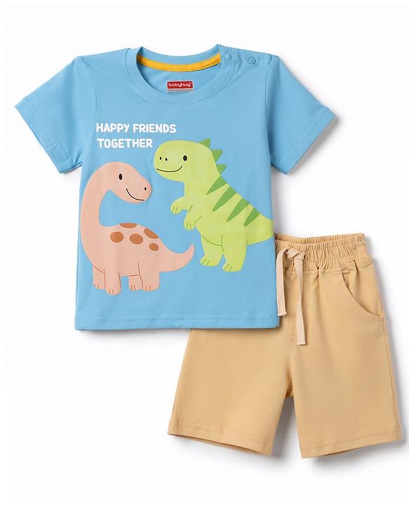 Babyhug 100% Cotton Knit Half Sleeves Dino Printed T-Shirt & Shorts Set - Light Blue & Beige