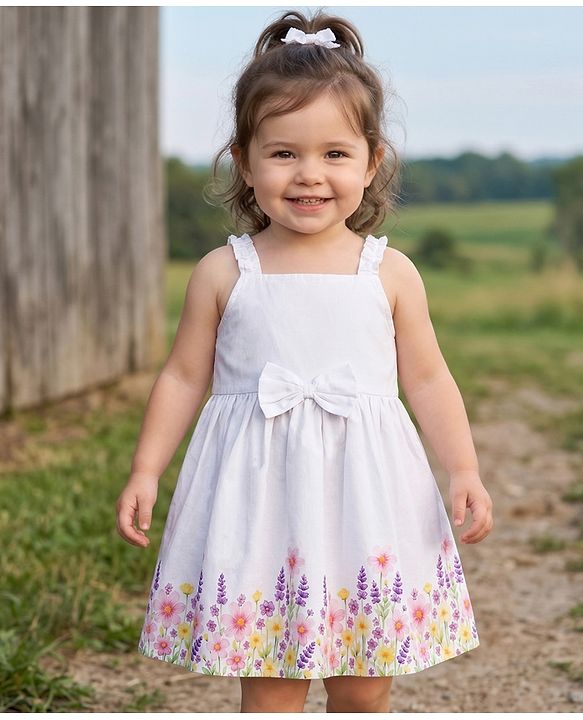 Babyhug Satin Woven Sleeveless Frock With Floral Print & Bow Applique - White