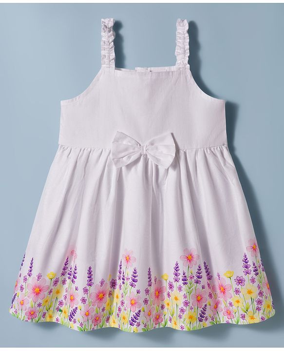 Babyhug Satin Woven Sleeveless Frock With Floral Print & Bow Applique - White