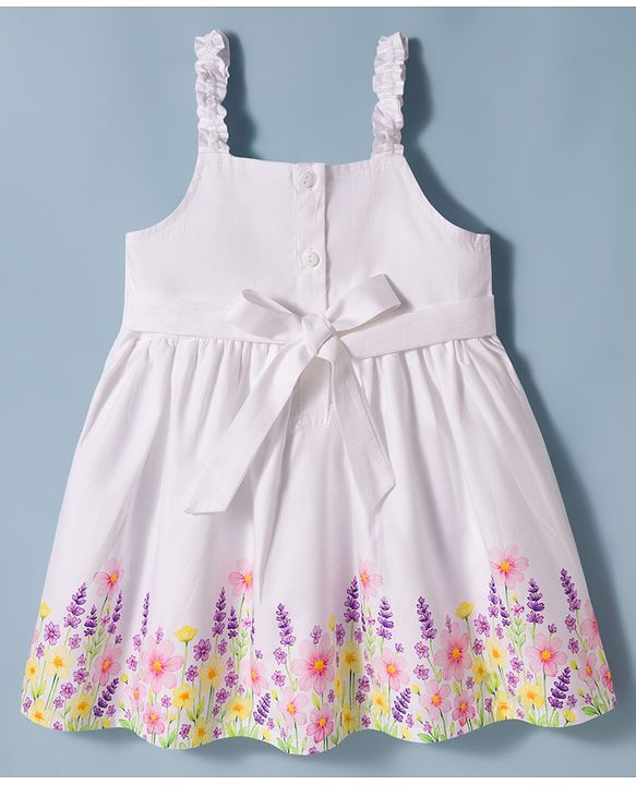 Babyhug Satin Woven Sleeveless Frock With Floral Print & Bow Applique - White
