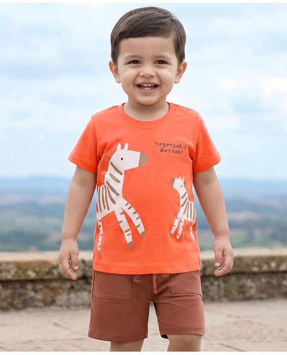 Babyhug Single Jersey Knit Half Sleeves T-Shirt & Shorts Set with Zebra Print - Red & Brown