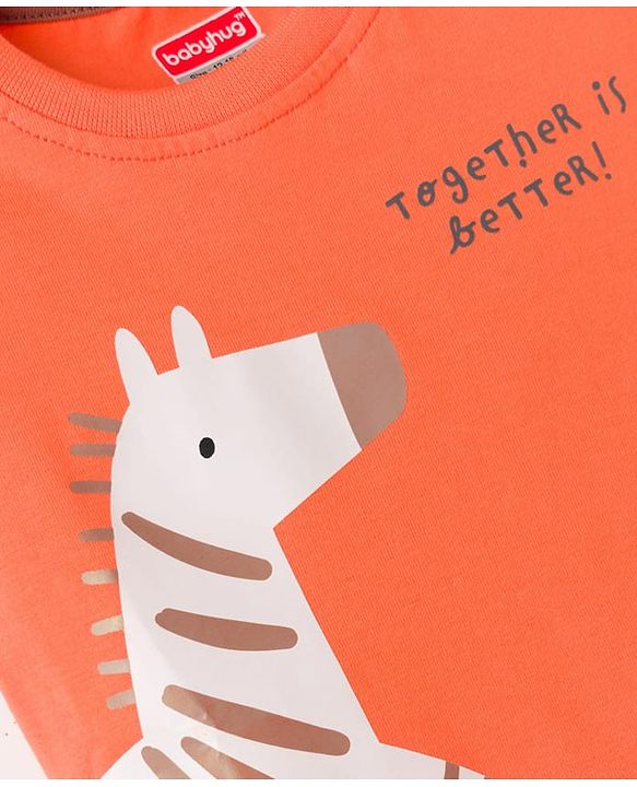Babyhug Single Jersey Knit Half Sleeves T-Shirt & Shorts Set with Zebra Print - Red & Brown