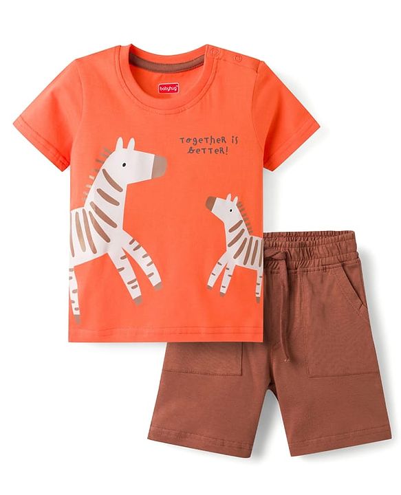 Babyhug Single Jersey Knit Half Sleeves T-Shirt & Shorts Set with Zebra Print - Red & Brown