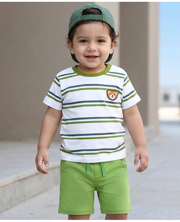 Babyhug Single Jersey Knit Half Sleeves Striped T-Shirt & Shorts Set with Bear Embroidery - Green