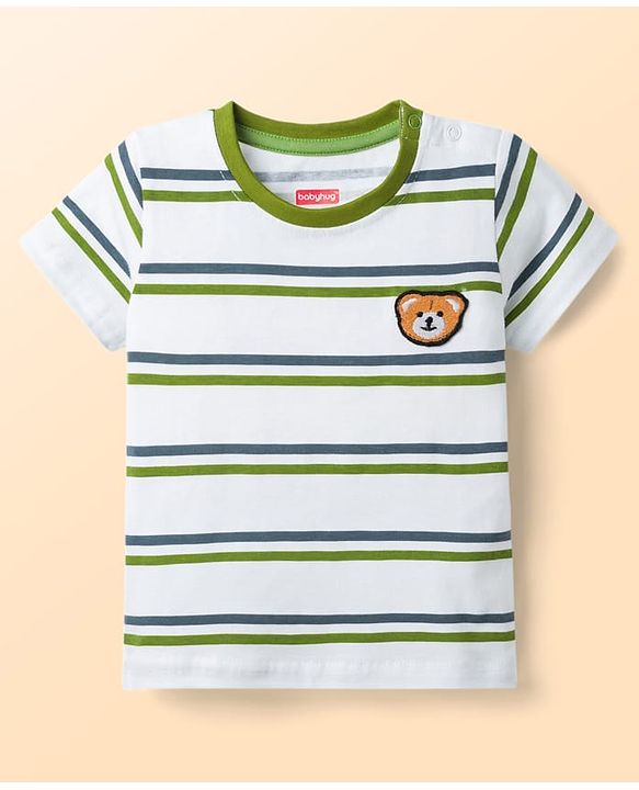 Babyhug Single Jersey Knit Half Sleeves Striped T-Shirt & Shorts Set with Bear Embroidery - Green