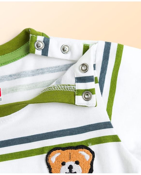 Babyhug Single Jersey Knit Half Sleeves Striped T-Shirt & Shorts Set with Bear Embroidery - Green