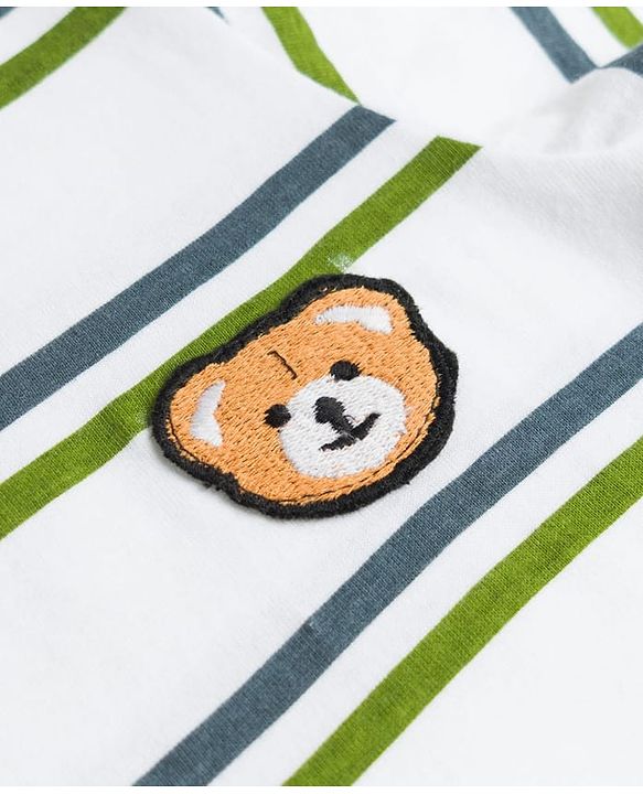 Babyhug Single Jersey Knit Half Sleeves Striped T-Shirt & Shorts Set with Bear Embroidery - Green