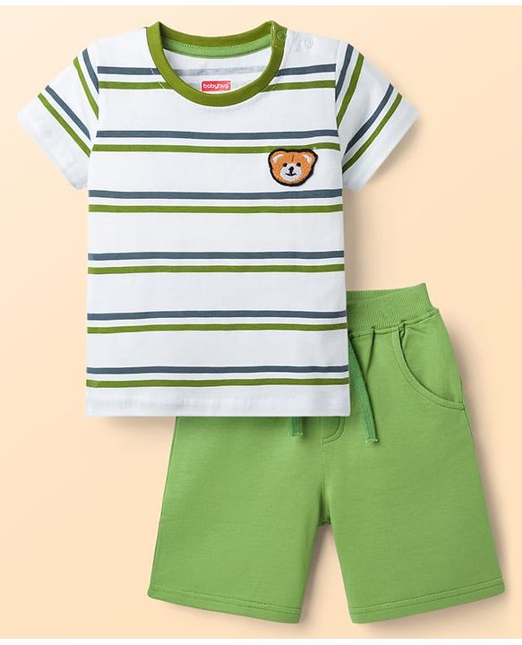 Babyhug Single Jersey Knit Half Sleeves Striped T-Shirt & Shorts Set with Bear Embroidery - Green