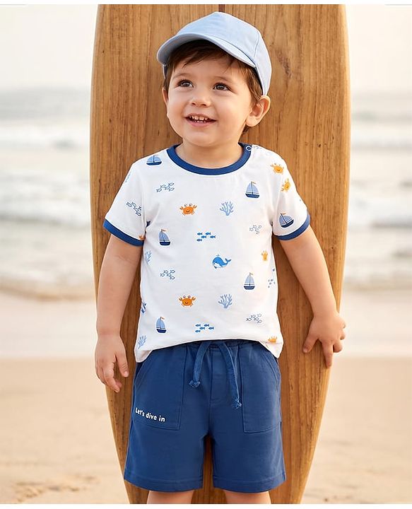Babyhug Single Jersey Knit Half Sleeves T-Shirt & Shorts With Sea Life Print - White & Navy Blue