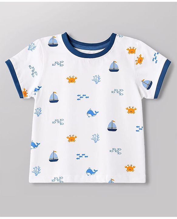 Babyhug Single Jersey Knit Half Sleeves T-Shirt & Shorts With Sea Life Print - White & Navy Blue