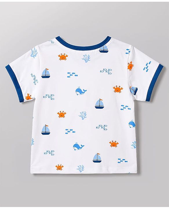 Babyhug Single Jersey Knit Half Sleeves T-Shirt & Shorts With Sea Life Print - White & Navy Blue