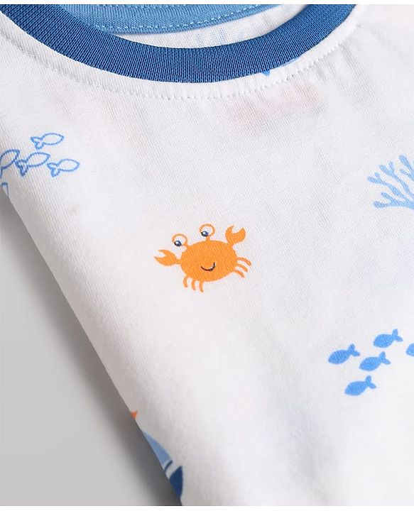 Babyhug Single Jersey Knit Half Sleeves T-Shirt & Shorts With Sea Life Print - White & Navy Blue