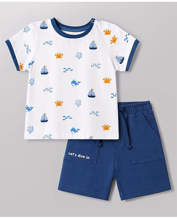 Babyhug Single Jersey Knit Half Sleeves T-Shirt & Shorts With Sea Life Print - White & Navy Blue