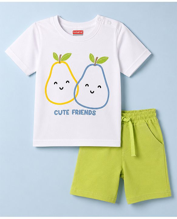 Babyhug 100% Cotton Knit Half Sleeves Pear & Text Printed T-Shirt & Shorts Set - White & Lime Green