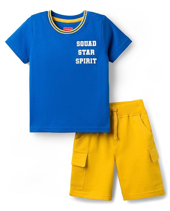 Babyhug Single Jersey Knit Half Sleeves T-Shirt & Shorts Set with Text Print - Yellow & Blue