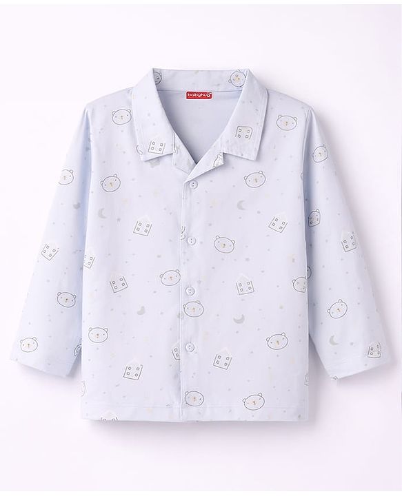 Babyhug Cotton Knit Full Sleeves Co-Ord Shirt & Pyjama Printed Night-Suit - Light Blue