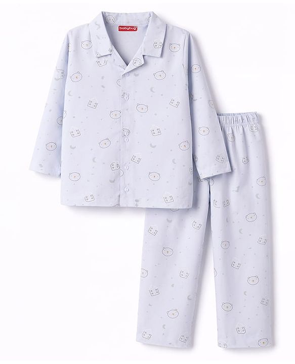 Babyhug Cotton Knit Full Sleeves Co-Ord Shirt & Pyjama Printed Night-Suit - Light Blue