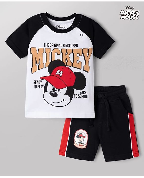 Babyhug Disney Single Jersey Knit Half Sleeves Raglan T-shirt & Shorts With Mickey Mouse Graphic - Black & White